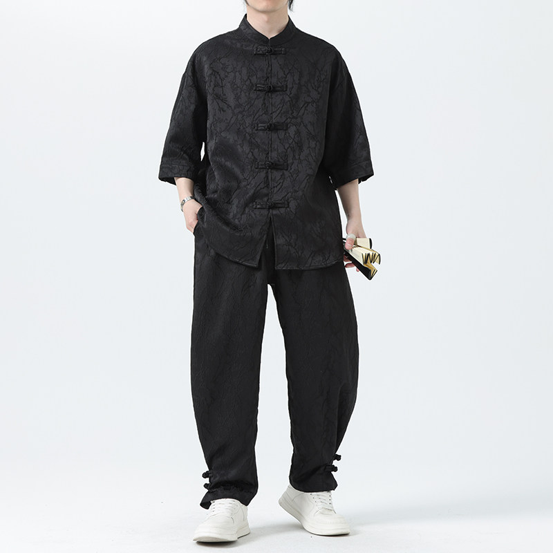 夏季风套装大码唐装新中式衬衣两件套男A118-TZ030P110控158图片