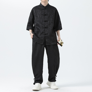 夏季风套装大码唐装新中式衬衣两件套男A118-TZ030P110控158图片