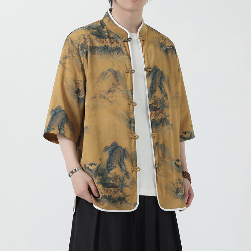 夏季风冰丝唐装盘扣中式印花半袖衬衣汉服男A118-C05P65控88，男装T恤，电商A118