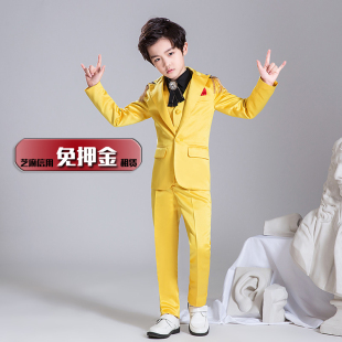 出租男童礼服黄色 租赁男孩钢琴演出服 男生走秀个性肩章西服NX12