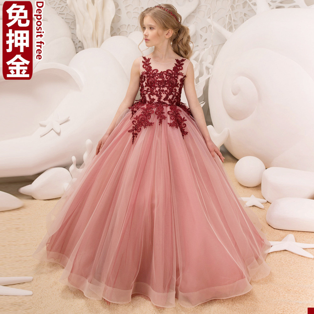 出租儿童钢琴比赛礼服租赁女童主持红色端庄大方气质长裙齐地NL19