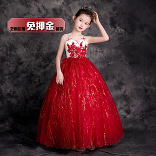 出租儿童主持红色晚礼服女童弹钢琴走秀端庄齐地长袖时尚大方NL70