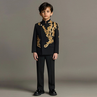 出租儿童中国风金色亮片西服套装男童唱歌演出播音主持新中式西装