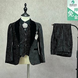 小男童礼服出租儿童黑色闪亮华丽条纹西服套装租赁主持弹琴潮正装