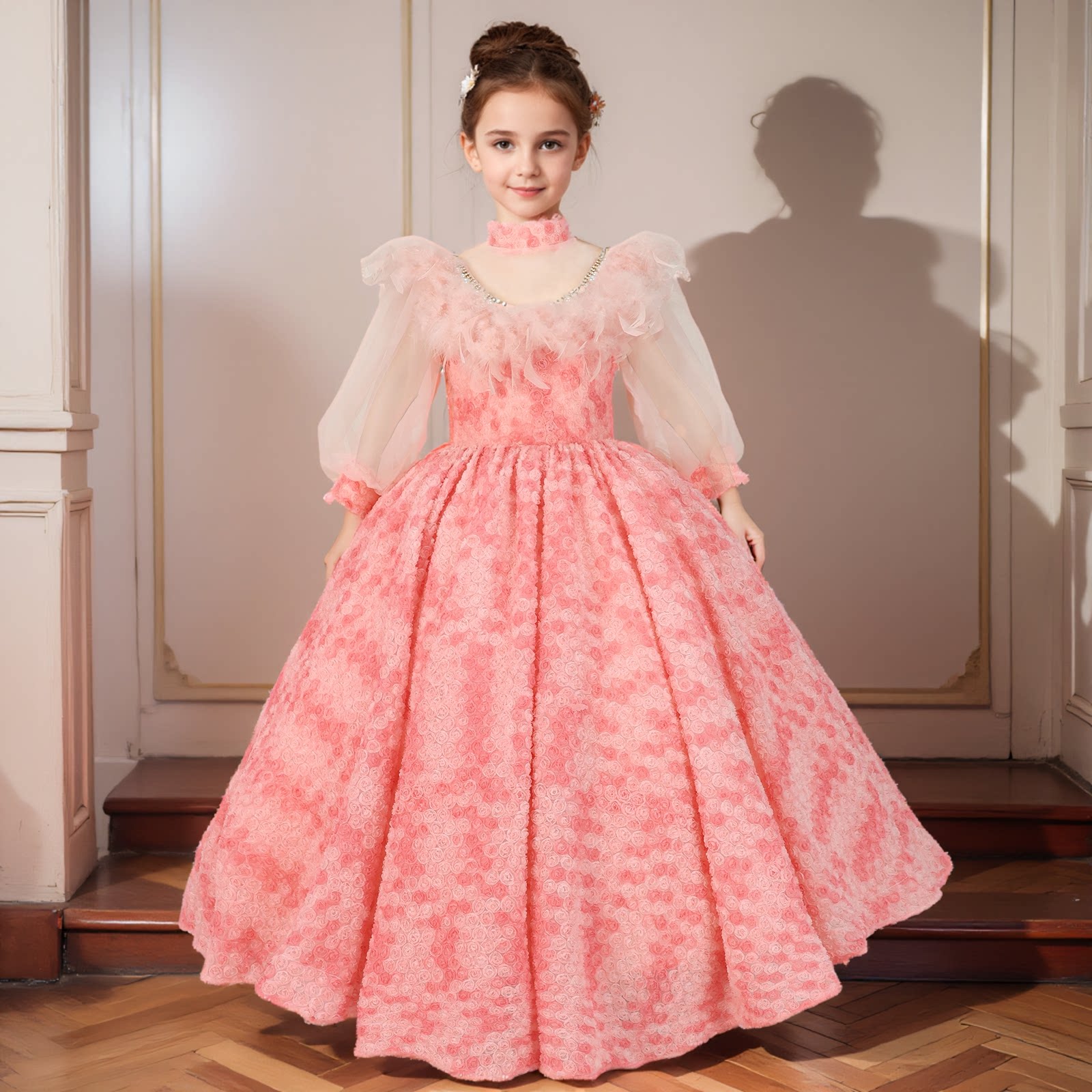 租赁小主持人礼服女童钢琴表演服粉色花童唱歌仙气公主裙2025新款