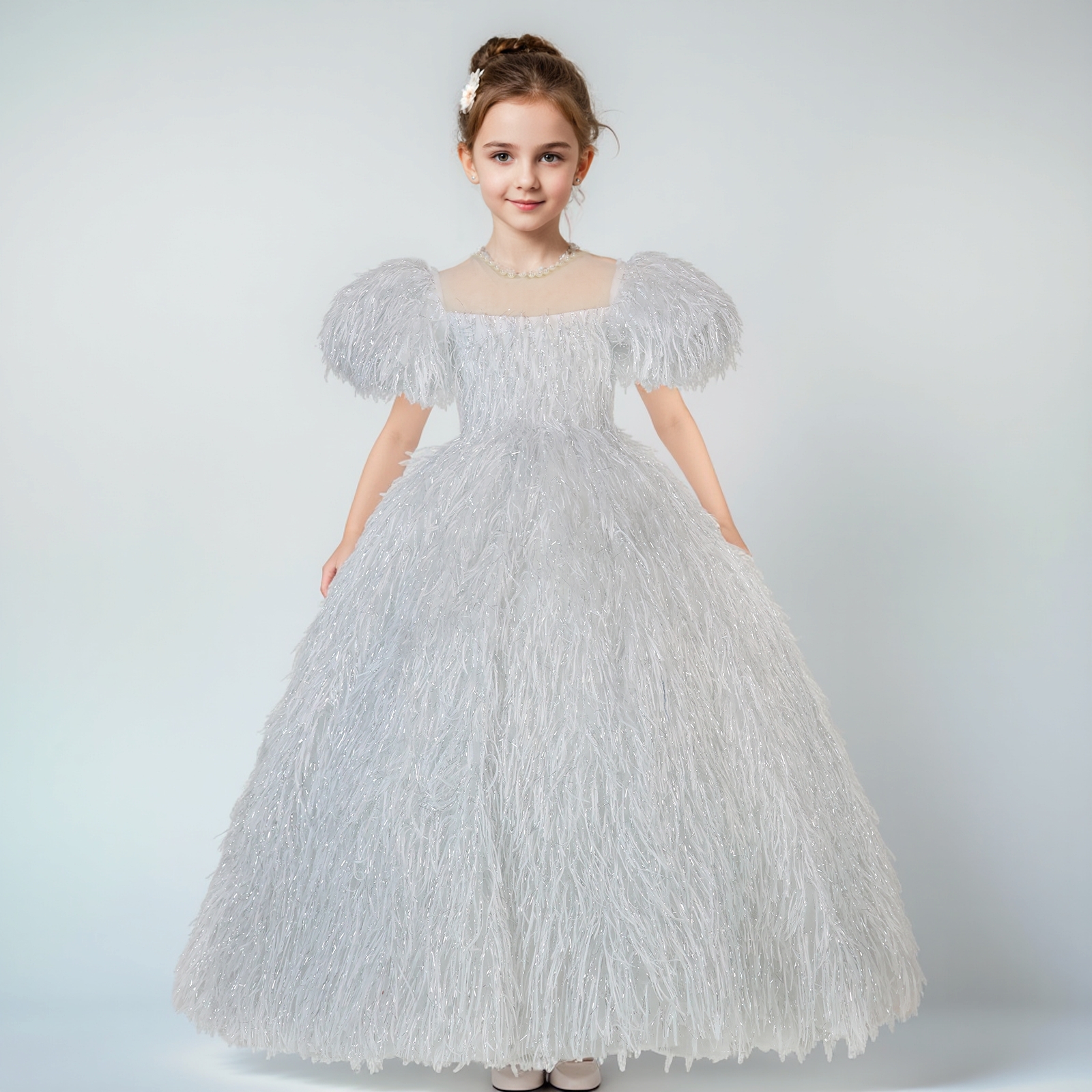 出租女童春晚主持法式梦幻拖尾礼服儿童艺术节走红毯泡泡袖晚礼服