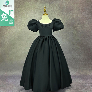 租赁儿童演出礼服高端黑色女童弹琴端庄大方简单赫本风齐地蓬蓬裙