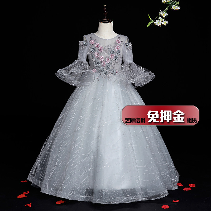女童主持节目齐地长袖礼服出租儿童弹钢琴端庄走秀森系长纱裙n120