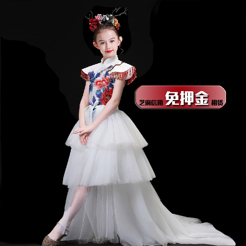 女童走秀夸张礼服租赁女孩模特走秀披风旗袍儿童古筝弹奏古装GC33