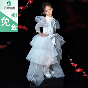 儿童新中式旗袍裙出租女童走秀传统服饰租赁弹古筝中国风拖尾纱裙