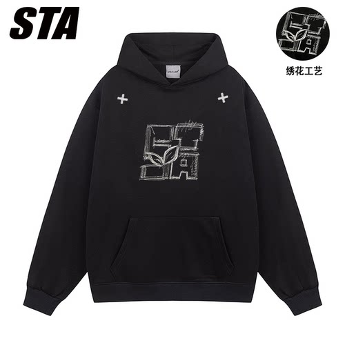STA GJDP国潮美式涂鸦风刺绣纯棉连帽卫衣男女情侣宽松ins长袖潮