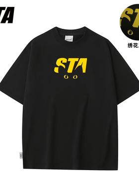 STA GJDP 新款美式刺绣猫咪眼睛短袖夏季重磅纯棉T恤男女情侣上衣