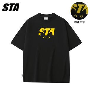 GJDP 夏季 新款 刺绣猫咪眼睛短袖 重磅纯棉T恤男女情侣上衣 美式 STA