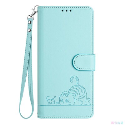 猫咪浅绿适用GalaxyA13/A23/A33/A53 5G三星翻盖手机壳长挂绳A12/A22/A32/A42/A52/A72 斜挎皮套保护套电话壳