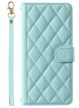 菱形浅绿适用GalaxyS24/S23/S22/S21/S20 ULTRA/Plus+/FE三星翻盖手机壳长挂绳S10/S9/S8/S7斜挎挂脖皮套