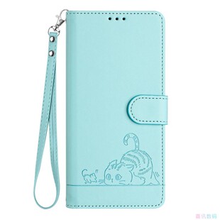 A35 A54皮套防摔保护套电话壳 A36 A34 A14 A55 A25 5G三星翻盖手机壳A15 A56 A26 猫咪浅绿适用GalaxyA16