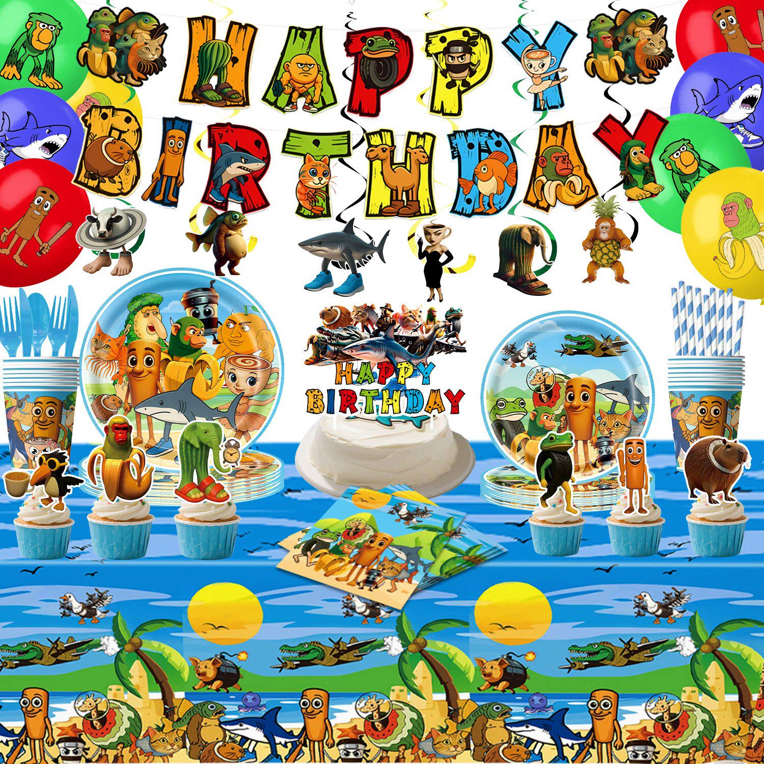 美国山海经木棍人主题生日派对一次性纸盘纸杯纸巾桌布场景布置