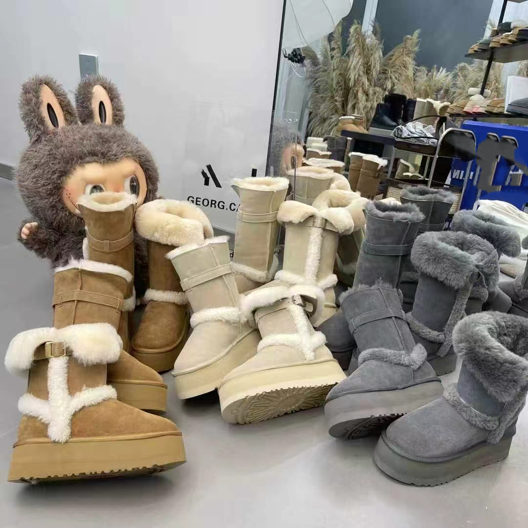 真皮羊毛毛鞋翻领两穿中筒长靴雪地棉靴厚底松糕女鞋加厚保暖面包