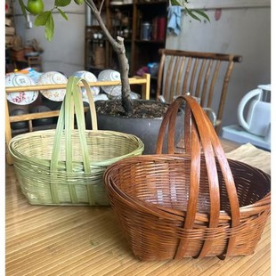 竹编手提篮出街买菜水果篮上山采摘篮子厨房收纳筐子农家乐提篮