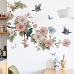 枝头飞鸟写意花朵墙贴纸自粘房间装饰贴画布置出租房改造可撕墙纸