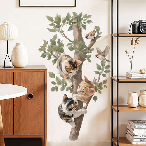 可爱治愈系猫咪花树自粘墙贴纸房间出租屋改造装饰布置贴画床头