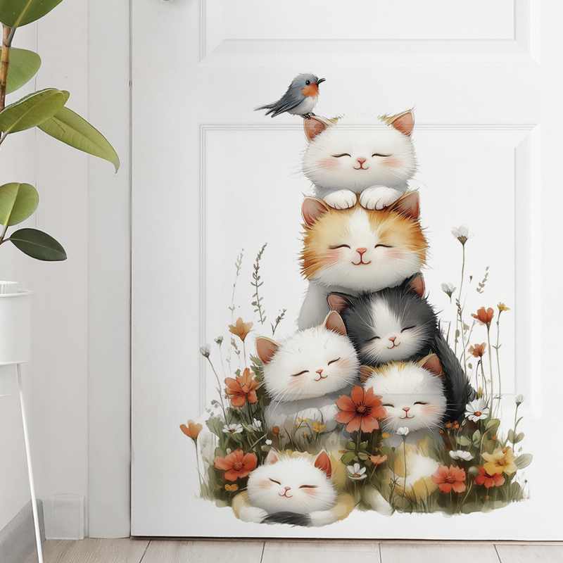 卡通可爱猫咪叠坐墙贴纸自粘墙壁装饰贴画儿童卧室墙面布置教室图片