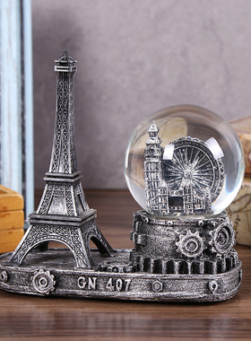 创意闪灯雪花铁塔水晶球复古桌面