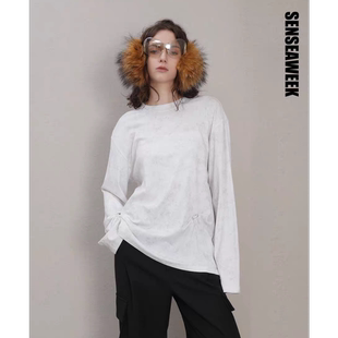 SENSEAWEEK25秋季新品慵懒风宽松长袖上衣斑驳感捏褶刺绣T恤