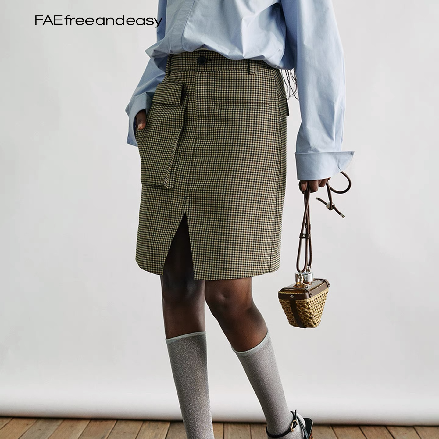 【FAE】丘暮谣美拉德格纹边袋五分裙复古气质高腰包臀裙秋季