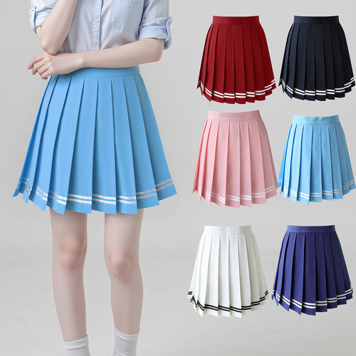 镶边制服纯色百褶裙多巴胺演出中高裙COSPLAY半身裙动漫 百折短裙