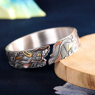 龙纹银手镯999足银高工手工錾刻嵌金穿云龙男女款宽版复古银饰