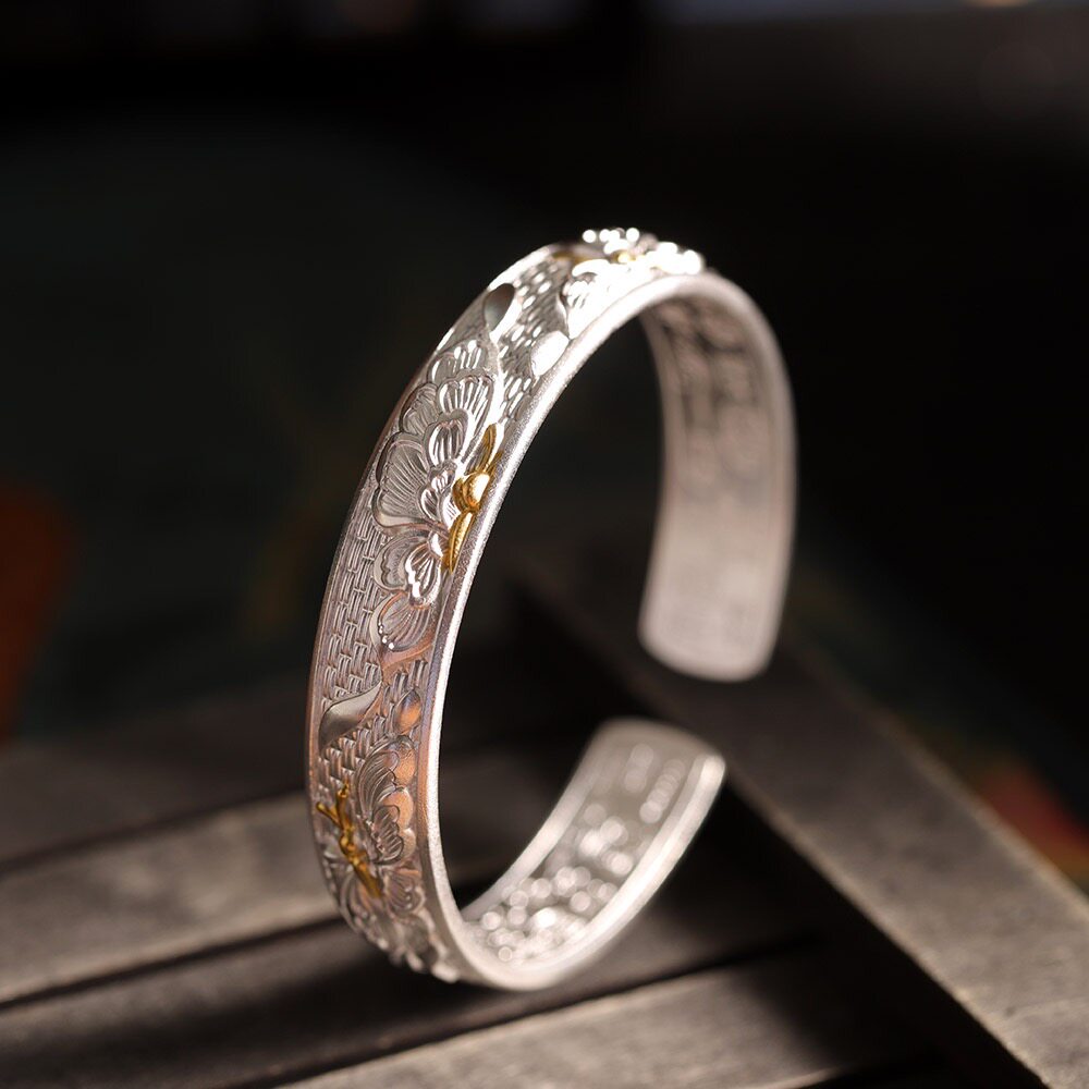 古法足银9999蝴蝶手镯女开口手工古风纯银镯子简约复古冷淡风礼物