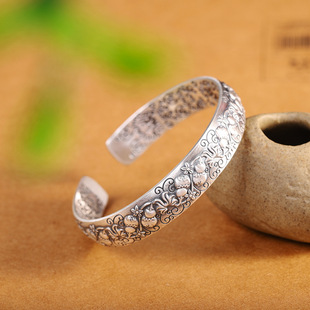 富贵多福足银999葫芦手镯女开口宽版立体雕刻做旧纯银手环礼物