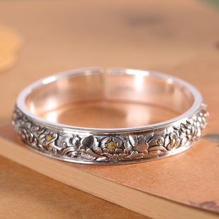 手工足银9999牡丹花手镯女开口浮动复古纯银镯子做旧民族风礼物