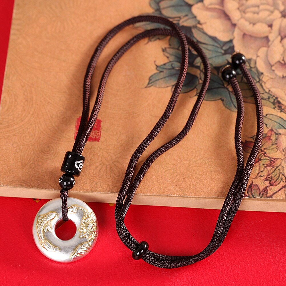 锦鲤戏莲足银999平安扣项链女复古中国风长款纯银吊坠描金毛衣链