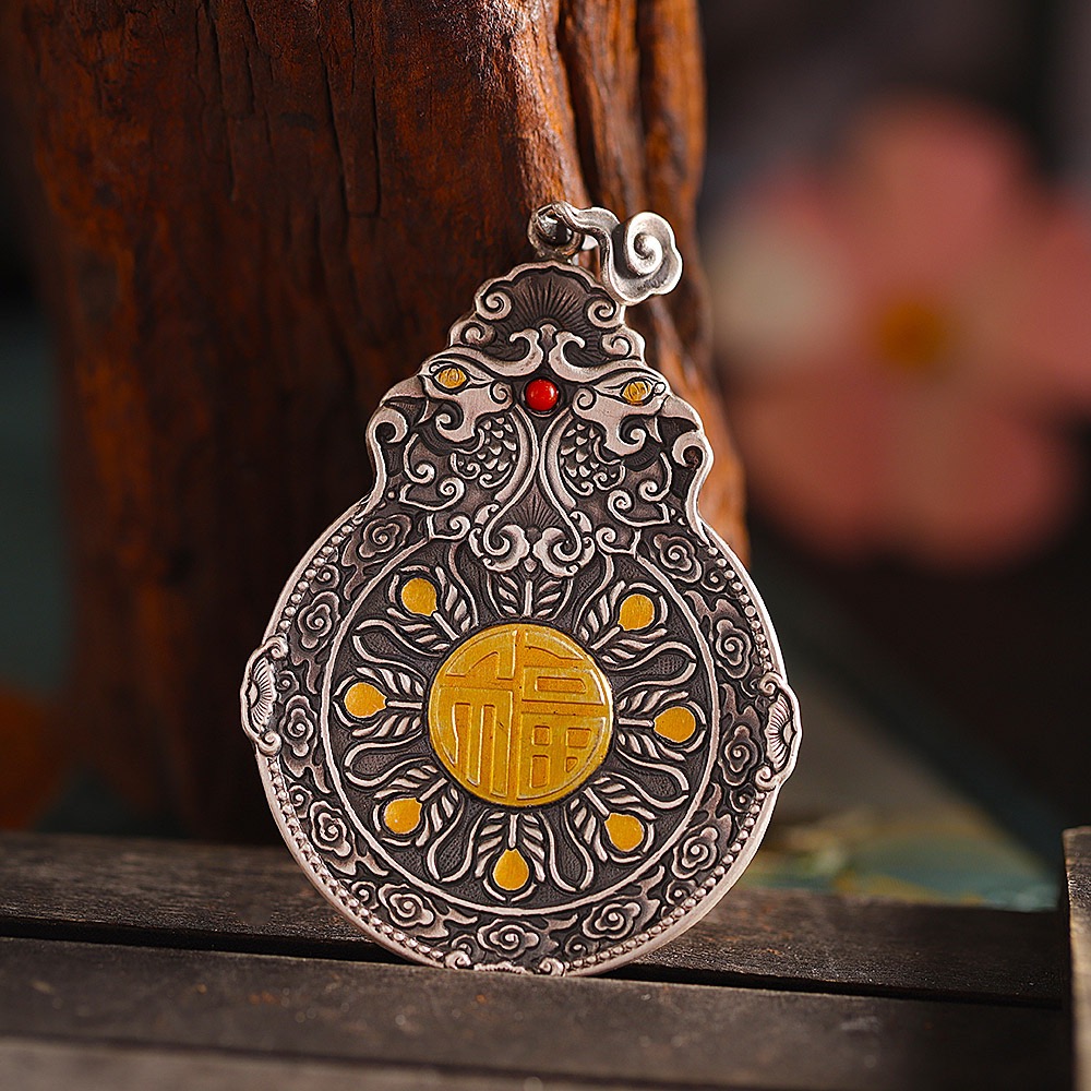 双凤吉祥足银999手工吊坠礼物