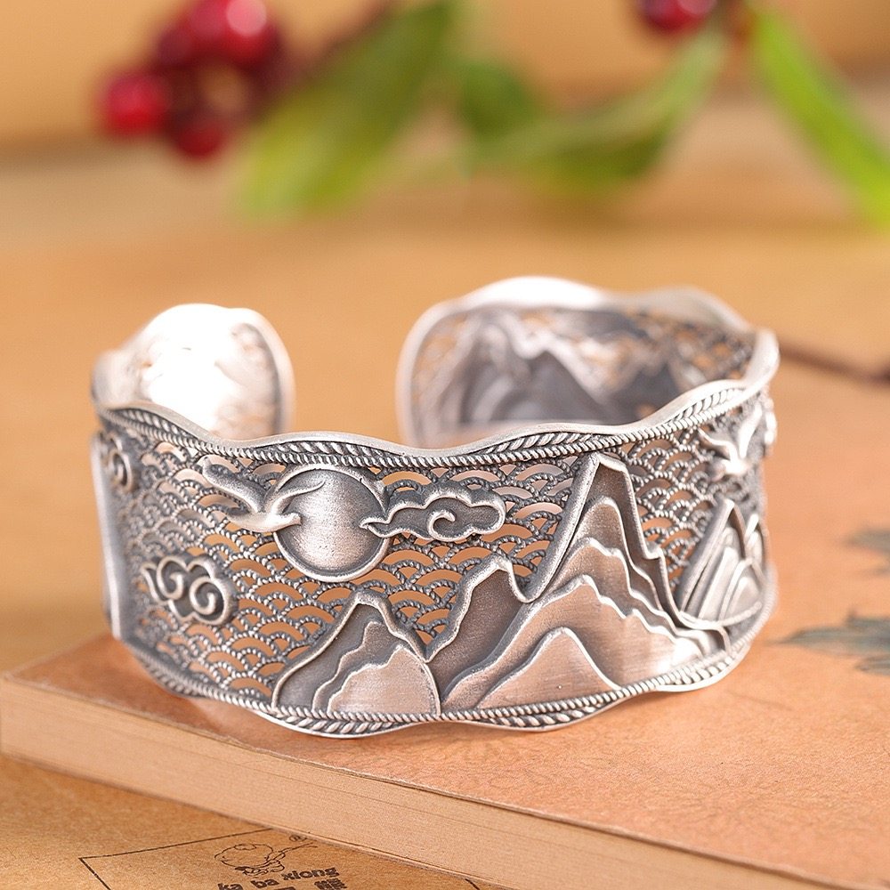 千里江山足银999手镯女开口宽版古法纯银镯子做旧镂空民族风礼物