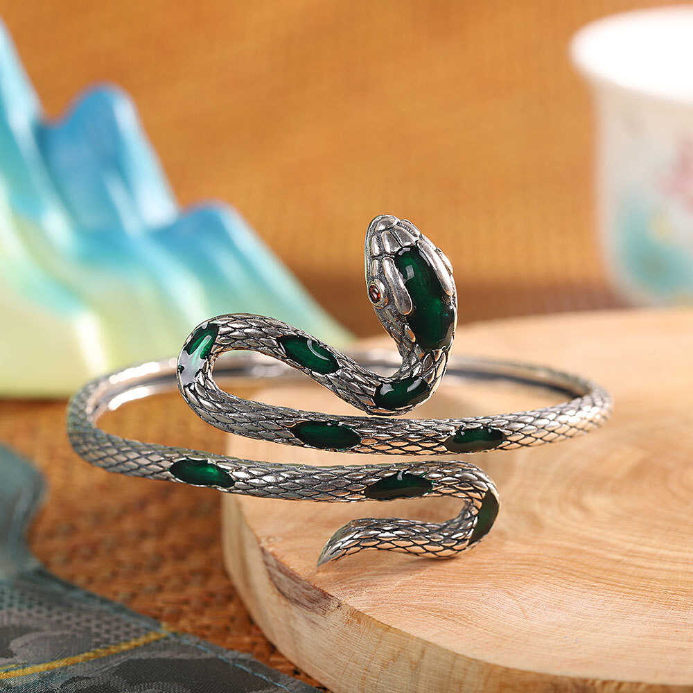 灵蛇开口实心镯子925纯银套装