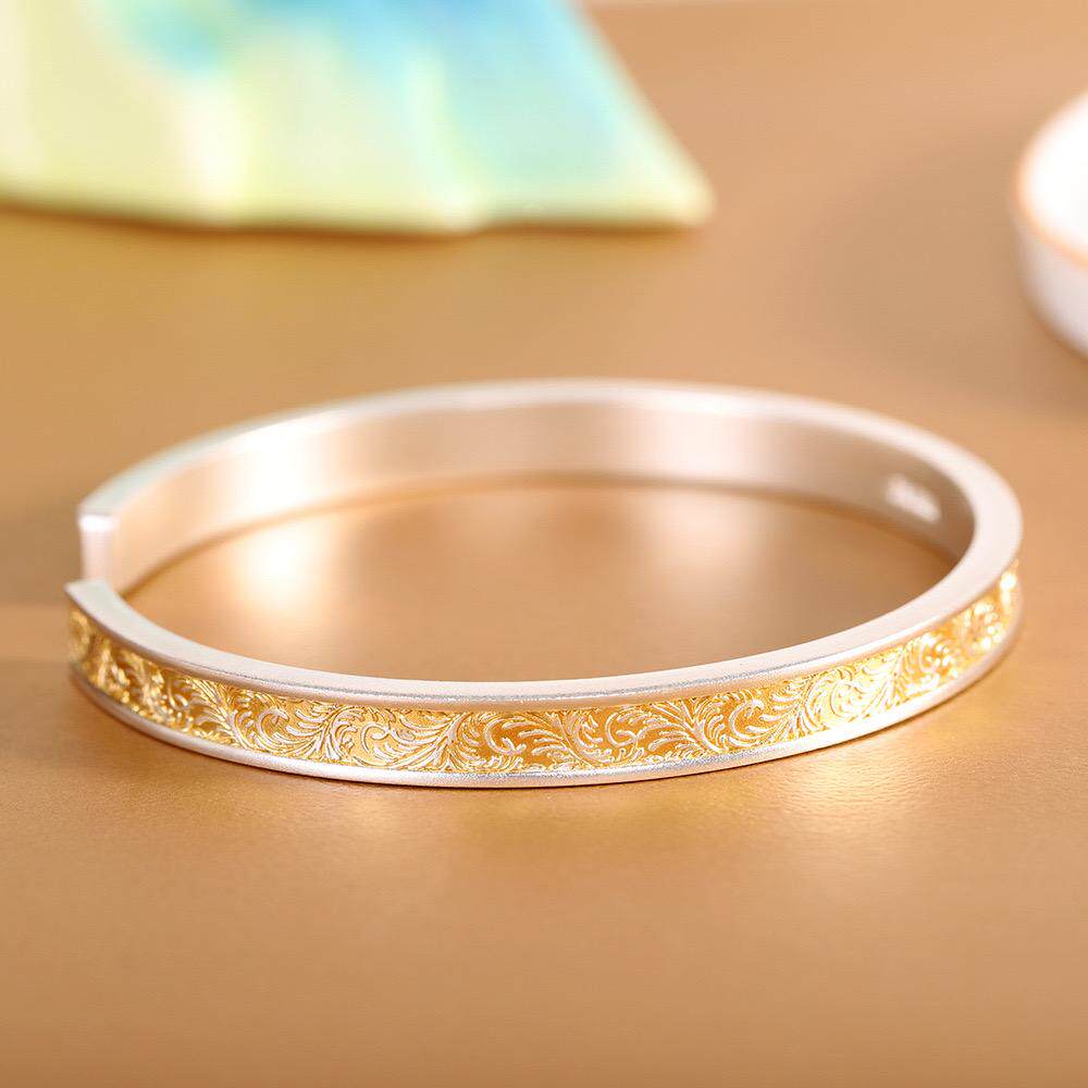 古法9999足银唐草纹手镯女开口描金纯银镯子国风时尚手环气质礼物