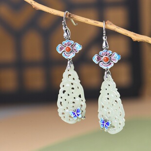 古典S925纯银和田玉唐草纹耳环女新中式复古做旧民族风耳钩耳饰