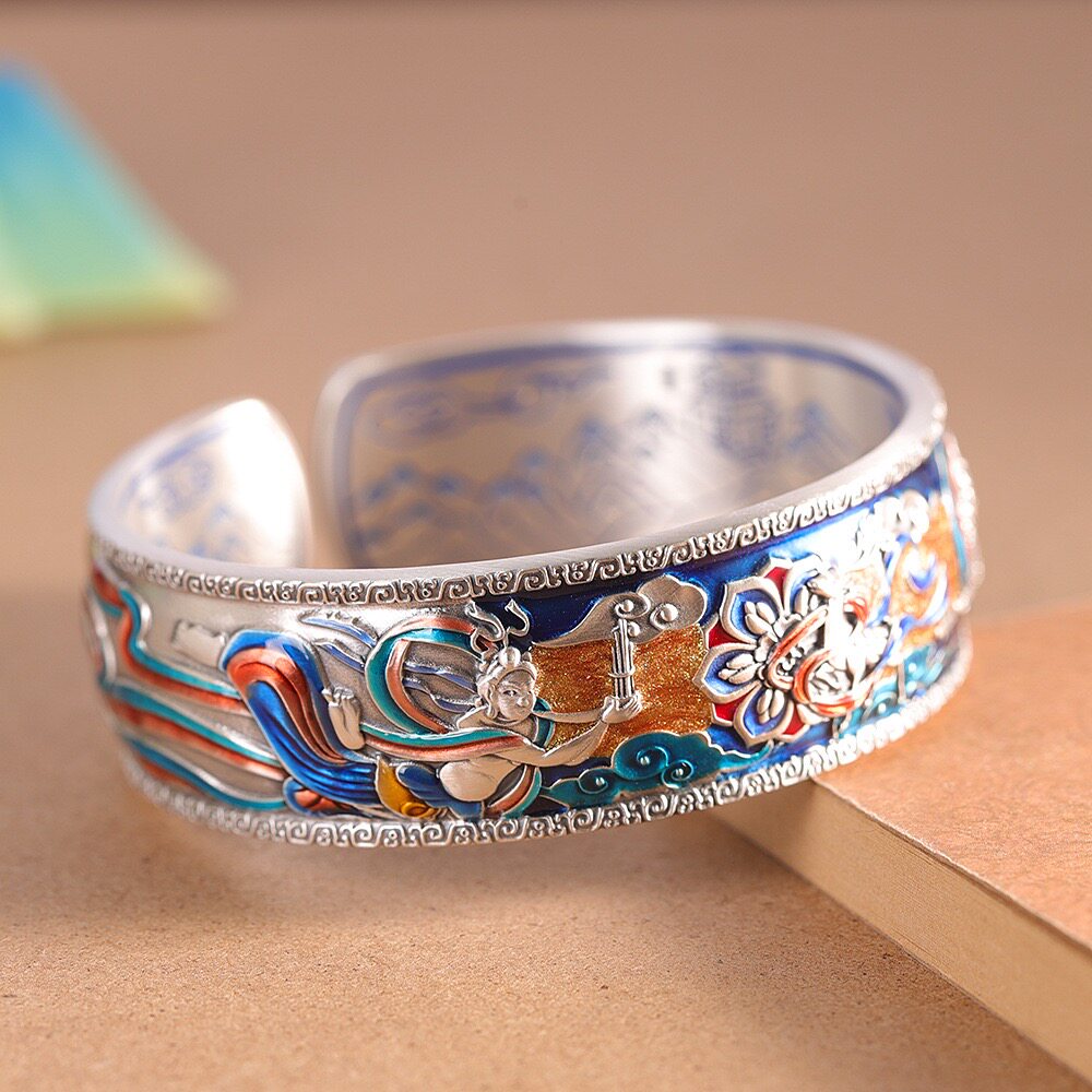 古法足银9999敦煌手镯女开口珐琅彩纯银镯子复古民族风宝相花礼物