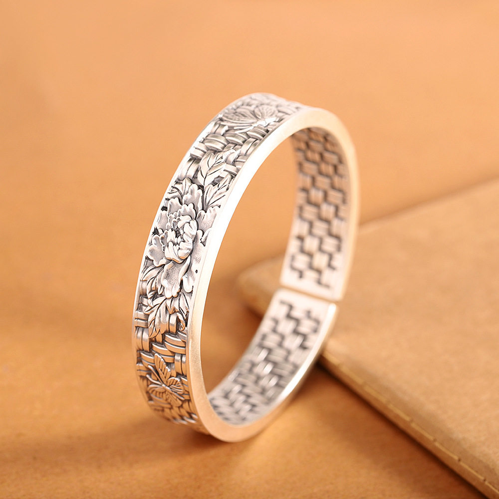 富贵牡丹999足银手镯宽版女开口复古编织纯银手环银镯子礼物精工