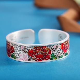 富贵牡丹花足银9999手镯女开口宽版珐琅彩复古民族风纯银镯子礼物