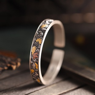 纯手工足银999錾花手镯开口中式国风镶金纯银镯子复古民族风礼物