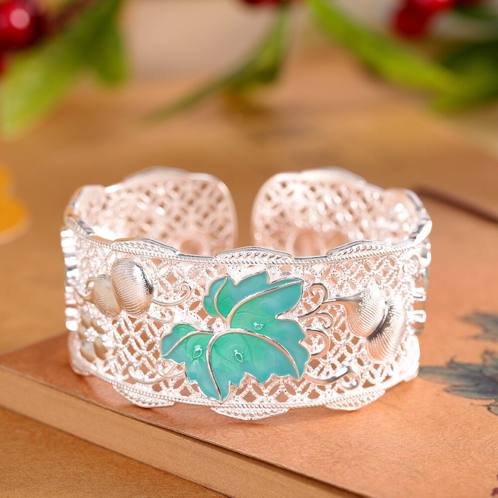古法足银9999葫芦手镯女开口宽版复古国风纯银镯子镂空珐琅彩礼物