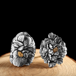 手工足银999牡丹戒指女开口宽复古纯银镶金手饰民族风夸张饰品