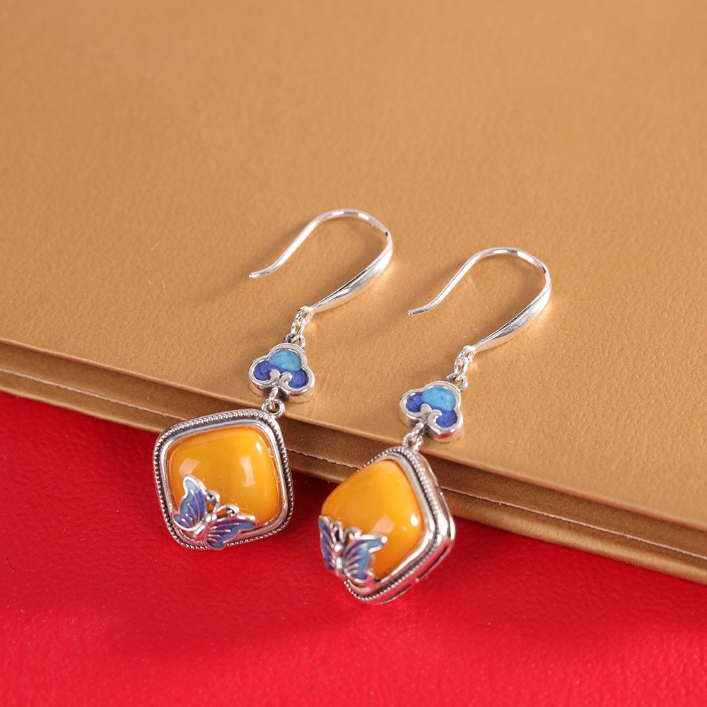 国风时尚S925纯银蜜蜡方形耳环女珐琅镶嵌祥云耳坠复古中式耳饰