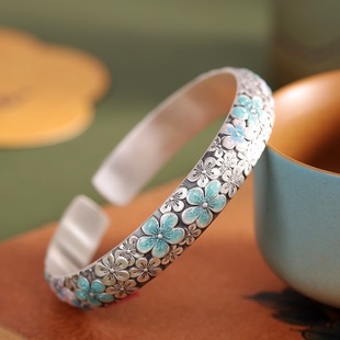 雅致足银9999樱花手镯女开口复古民族风珐琅纯银镯子实心精工礼物