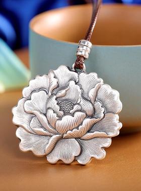富贵牡丹999足银项链女长款复古民族风毛衣链纯银吊坠立体雕刻