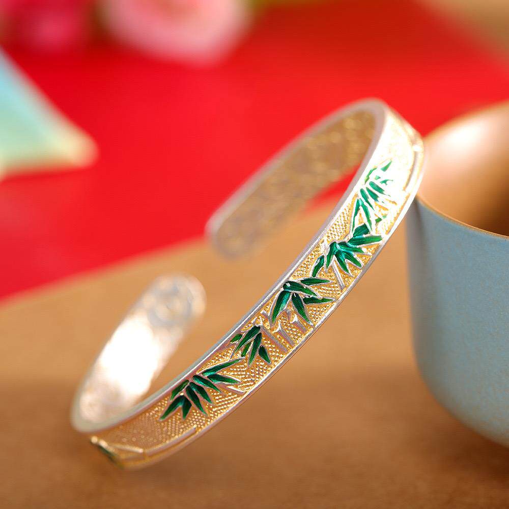气质足银9999古法描金竹叶手镯女开口珐琅竹子纯银镯子竹节复古